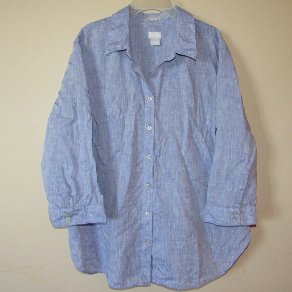 Chico's 100% Linen No Iron Button Up Shirt Chambray Blue sz 3 US 16 Lagonlook - Picture 1 of 3